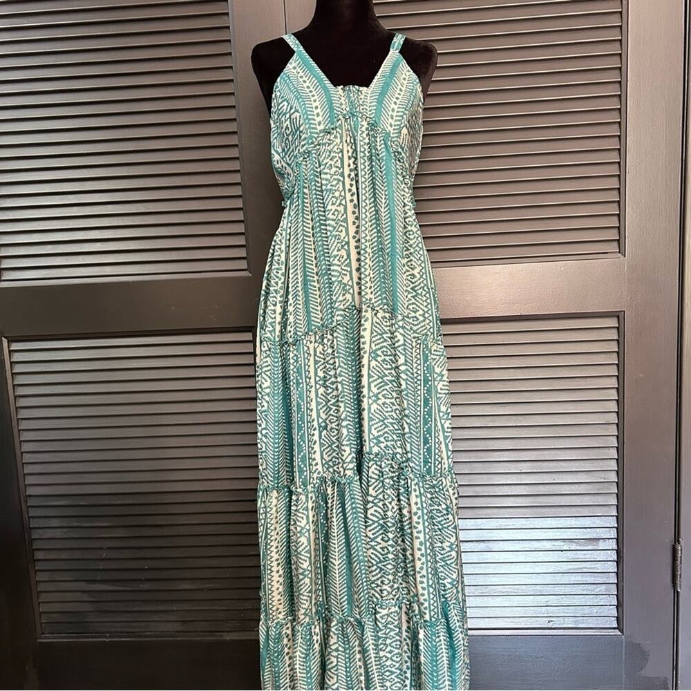 Matta 100% Silk Teal & Oyster Tiered Light Flowy Maxi Dress, White Lotus, Size L